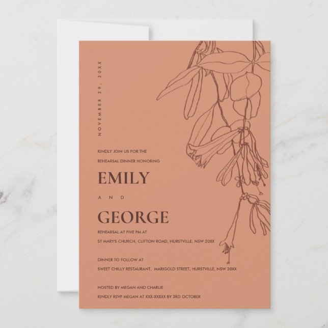 ORANGE RUST DRAWING FLORAL REHEARSAL DINNER INVITE (Front)