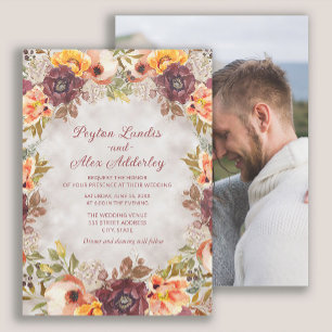 Orange Rust Fall Autumn Floral Photo Wedding Invitation