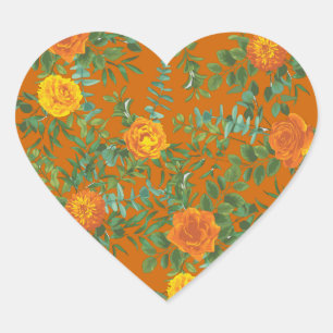 Orange & Rust Fall Peony & Rose Floral Wedding Heart Sticker