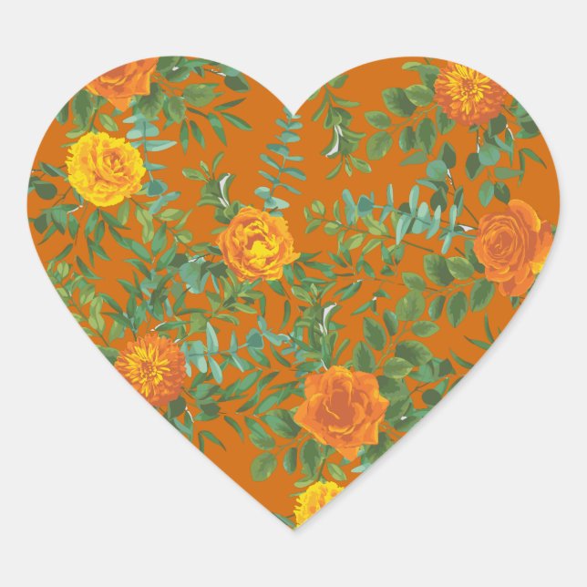 Orange & Rust Fall Peony & Rose Floral Wedding Heart Sticker (Front)