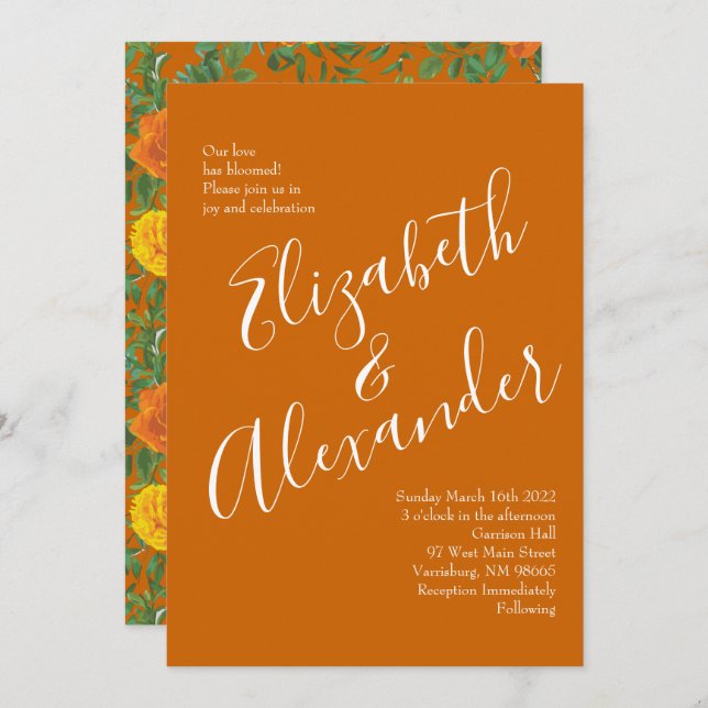 Orange & Rust Fall Peony & Rose Floral Wedding Invitation (Front/Back)