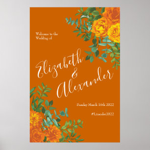 Orange & Rust Fall Peony Rose Floral Wedding Poster