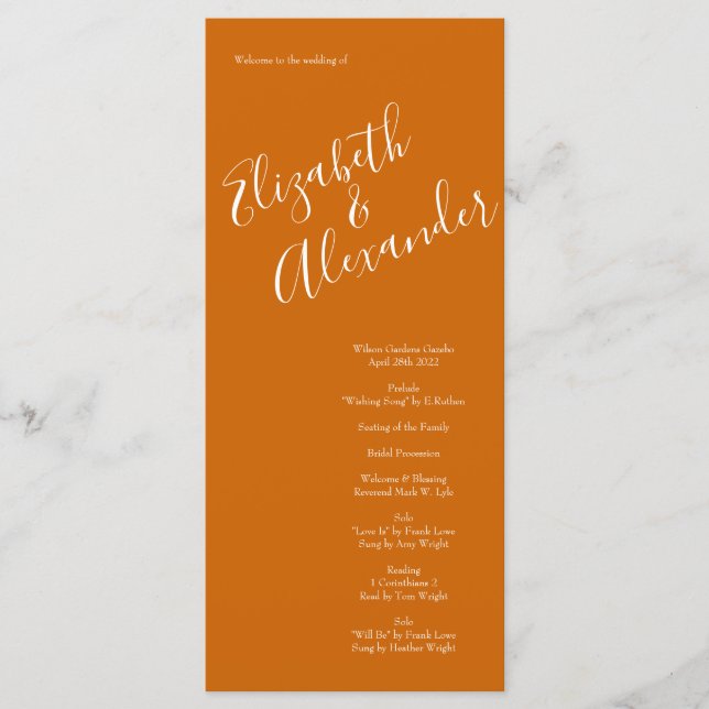 Orange Rust Fall Peony & Rose Wedding Programs Menu (Front)