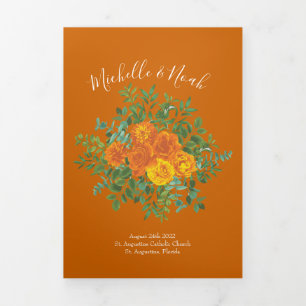 Orange & Rust Fall Peony Rose Wedding Programs Tri-Fold Programme