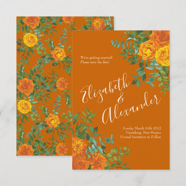 Orange Rust Fall Peony Rose Wedding Save Date Invitation (Front/Back)