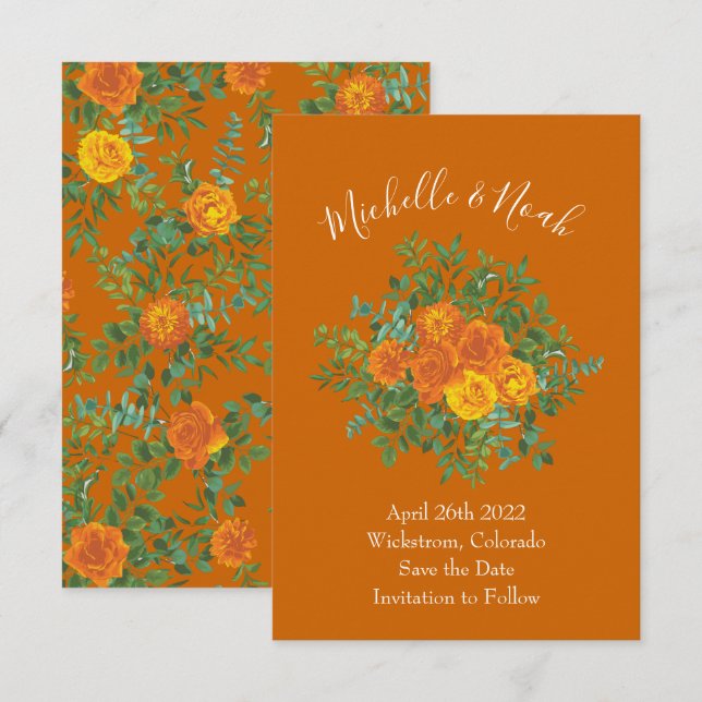 Orange & Rust Fall Peony Rose Wedding Save Date Invitation (Front/Back)