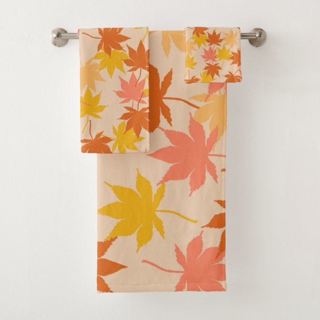 Orange Rustic Botanical Maple Leaves Pattern Fall Bath Towel Set (Insitu)
