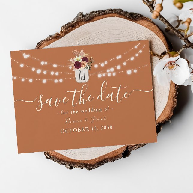 Orange Rustic Burgundy Floral Lights Wedding Save The Date (Creator Uploaded)