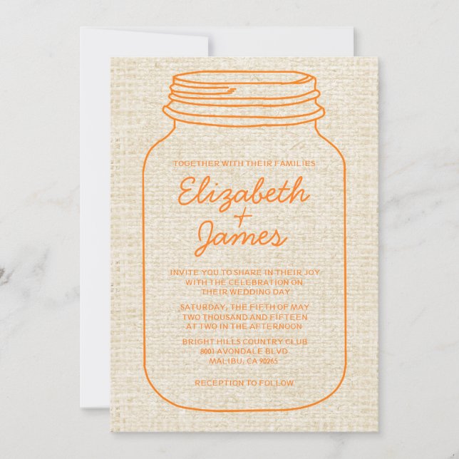 Orange Rustic Burlap Mason Jar Wedding Invitations (Front)