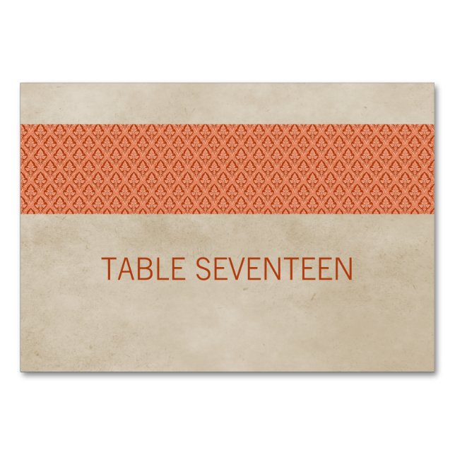 Orange Rustic Damask Table Card (Front)
