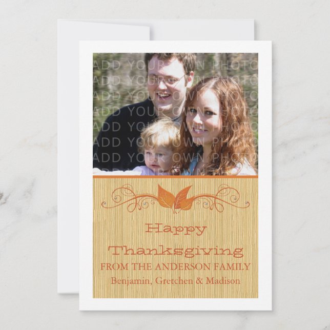 Orange Rustic Leaves Thanksgiving Photo Flat Card (Front)