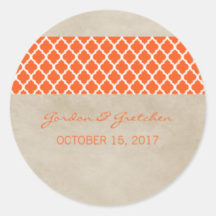 Orange Rustic Quatrefoil Wedding Stickers