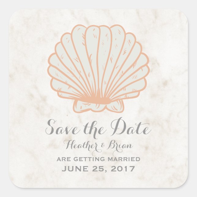 Orange Rustic Seashell Save the Date Square Sticker (Front)
