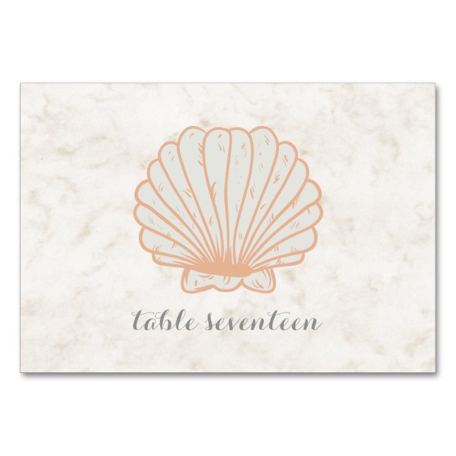 Orange Rustic Seashell Wedding Table Number (Front)