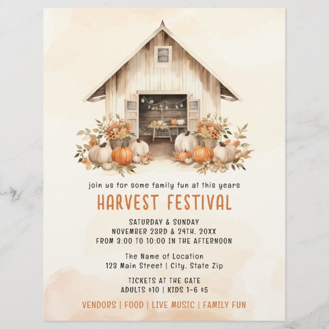 Orange Rustic Watercolor Harvest Festival Flyer (Front)