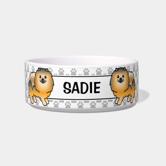 Orange Sable Pomeranian Cute Cartoon Dog & Name Bowl (Front)
