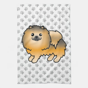 Orange Sable Pomeranian Cute Cartoon Dog & Paws Tea Towel