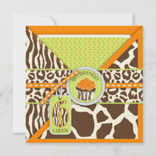 Orange Safari Animal Print Cupcake Sixth Birthday Invitation
