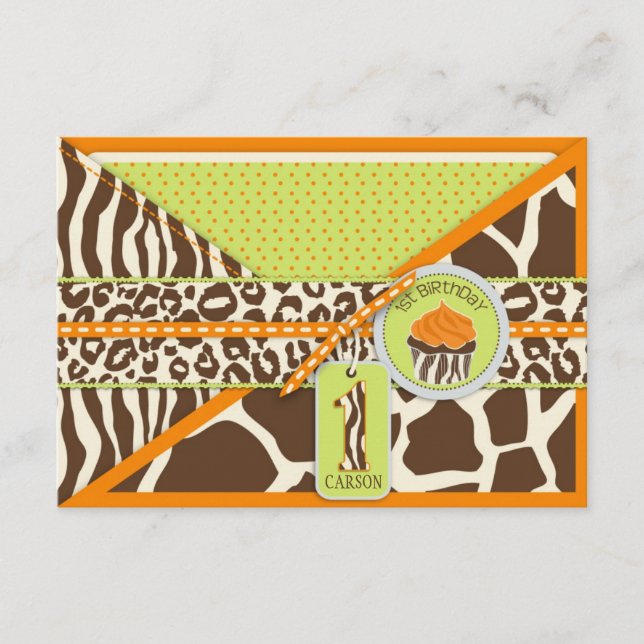 Orange Safari & Cupcake First Birthday Enclosure Card (Front)