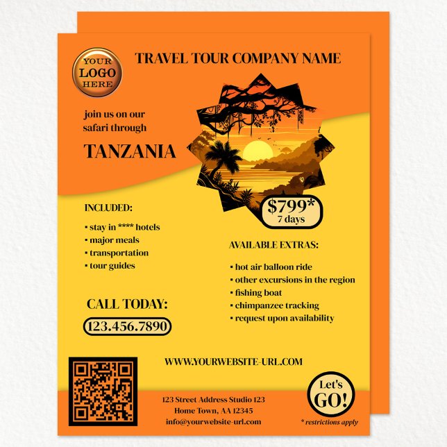 Orange Safari Travel Template Flyer (A bright orange on custom background color travel agency flyer with your logo and photo)