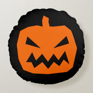 Orange Scary Jack O' Lantern on Black Round Cushion