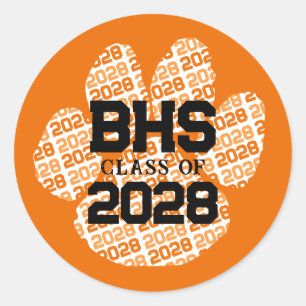 Orange School Initial Year Graduation Pawprint Classic Round Sticker