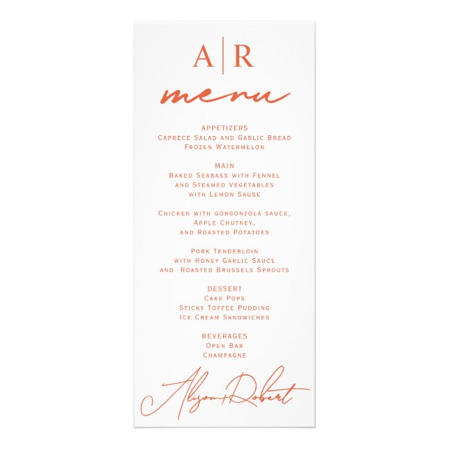 Orange script calligraphy fall wedding menu card (Front)