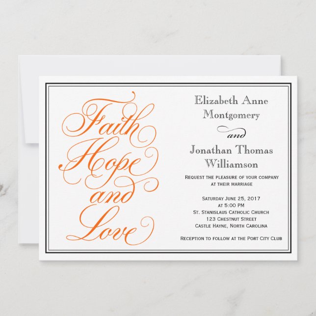 Orange Script Faith Hope Love Wedding Invitation (Front)