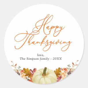 orange script happy thanksgiving classic round sticker