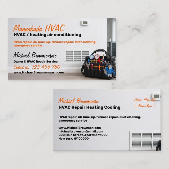 Orange Script HVAC Tool Bag Gauges Vent Photo Business Card (Front/Back)