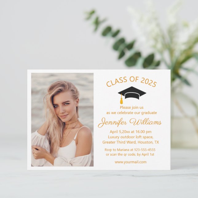 orange script photo graduation party class of 2025 invitation (Standing Front)