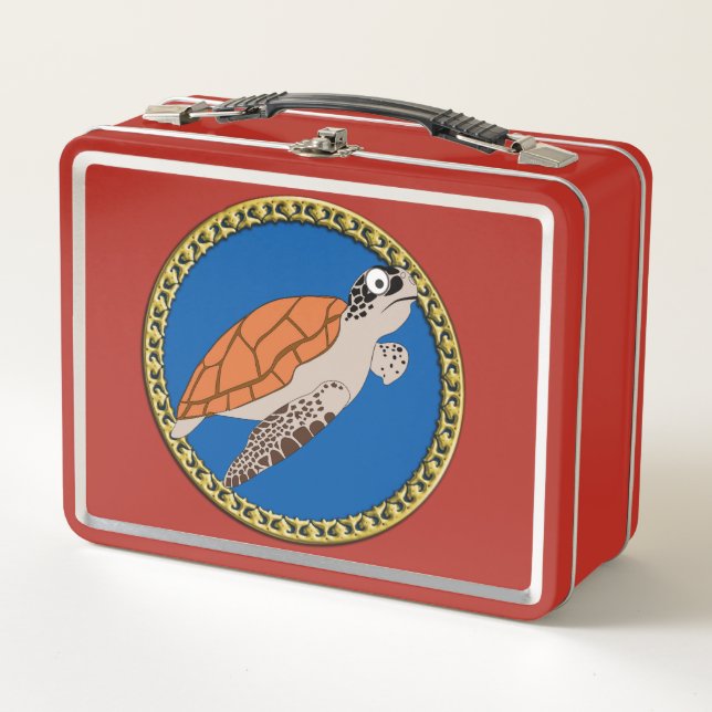 Orange sea turtle swimming with a gold frame metal lunch box (Front)