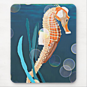 Orange Seahorse against the sea with bubbles Mouse Pad