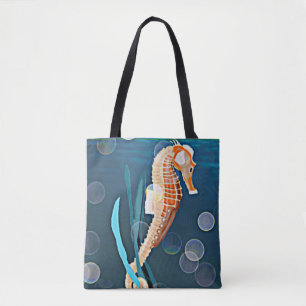 Orange Seahorse against the sea with bubbles Tote Bag