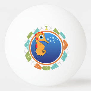 Orange Seahorse on Colourful Argyle Pattern Ping Pong Ball