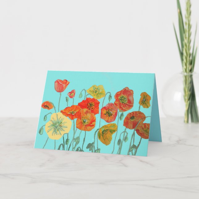 Orange Shabby Poppy Watercolour Birthday Card Aqua (Front)