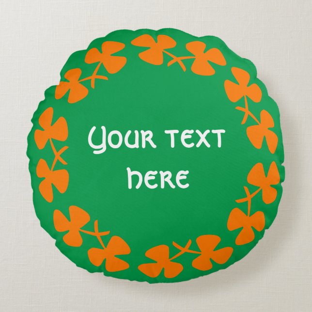 Orange Shamrocks Border Add Text Round Cushion (Front)