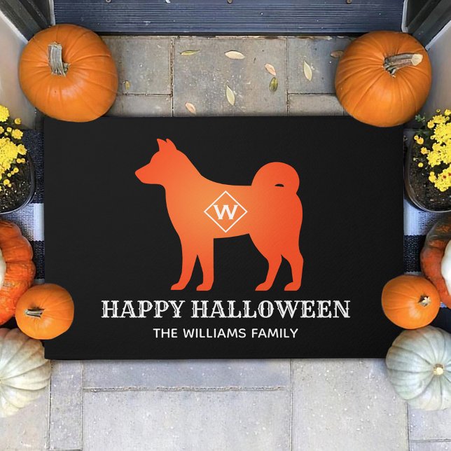 Orange Shiba Inu Happy Halloween Custom Name Doormat (Creator Uploaded)