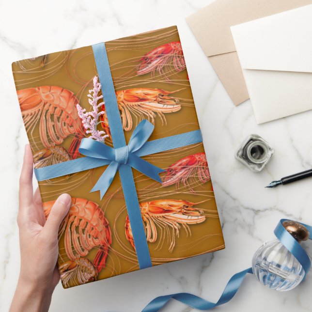 Orange Shrimp Brown Shellfish Seafood Pattern Wrapping Paper (Gifting)