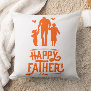 Orange Silhouette Dad Two Kids Hearts Cushion
