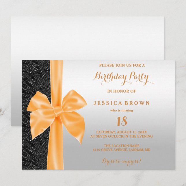 Orange Silk Bow Black Sequins 18th Birthday Invitation (Front/Back)