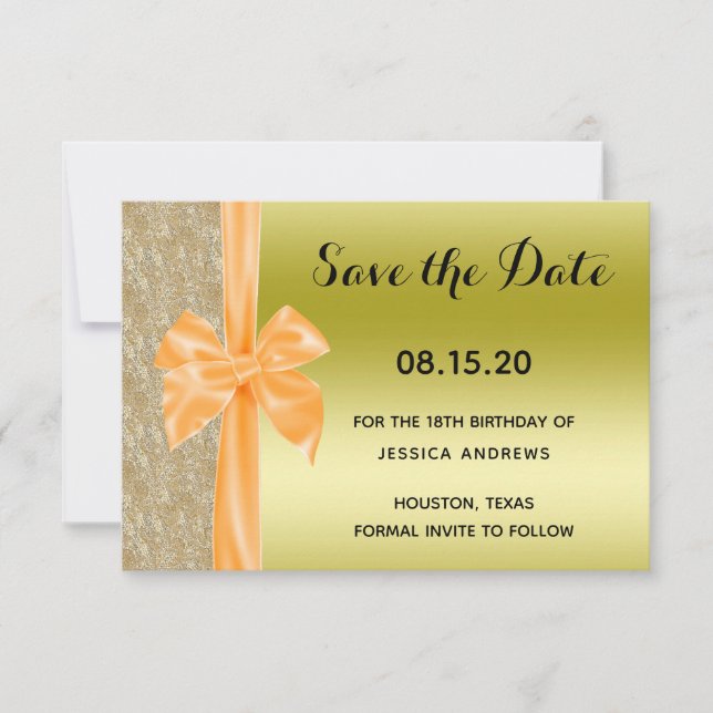 Orange Silk Bow Gold Glitter Sequins 18th Birthday Save The Date (Front)
