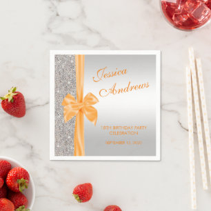 Orange Silk Bow Silver Sequins 18th Birthday Napkin
