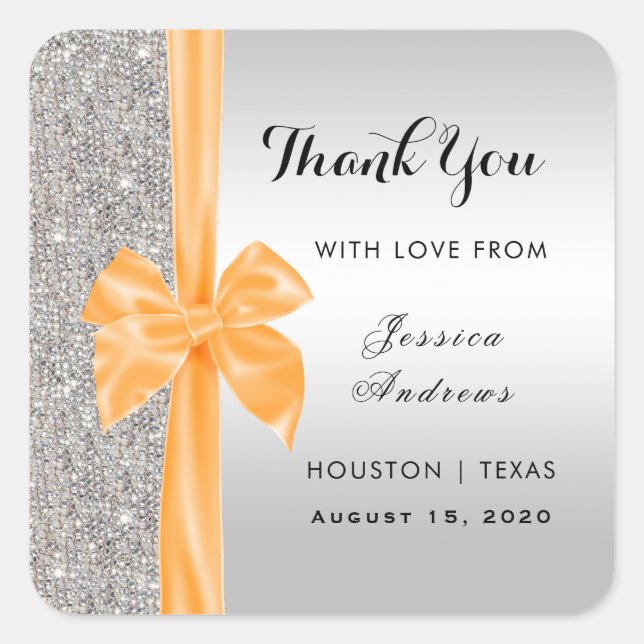 Orange Silk Bow Silver Sequins Thank You Square Sticker (Front)