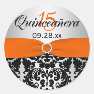 Orange, Silver, Black Damask Quinceanera Sticker