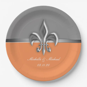 Orange Silver Fleur de Lis Paper Plate