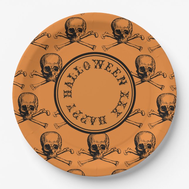Orange Skull Halloween Personalized Message Paper Plate (Front)