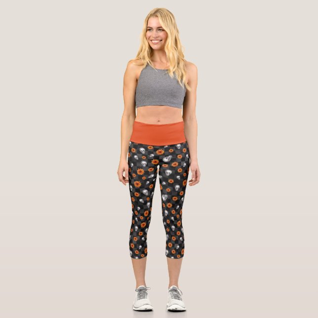 Orange Skulls and Sunflower Series Design 11 Capri Leggings (Front)