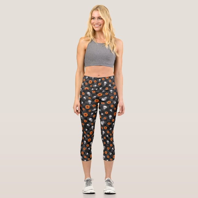 Orange Skulls and Sunflower Series Design 11  Capri Leggings (Front)