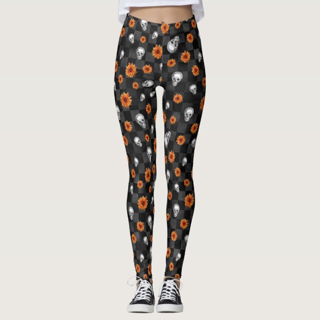 Orange Skulls and Sunflower Series Design 11 Leggings (Front)